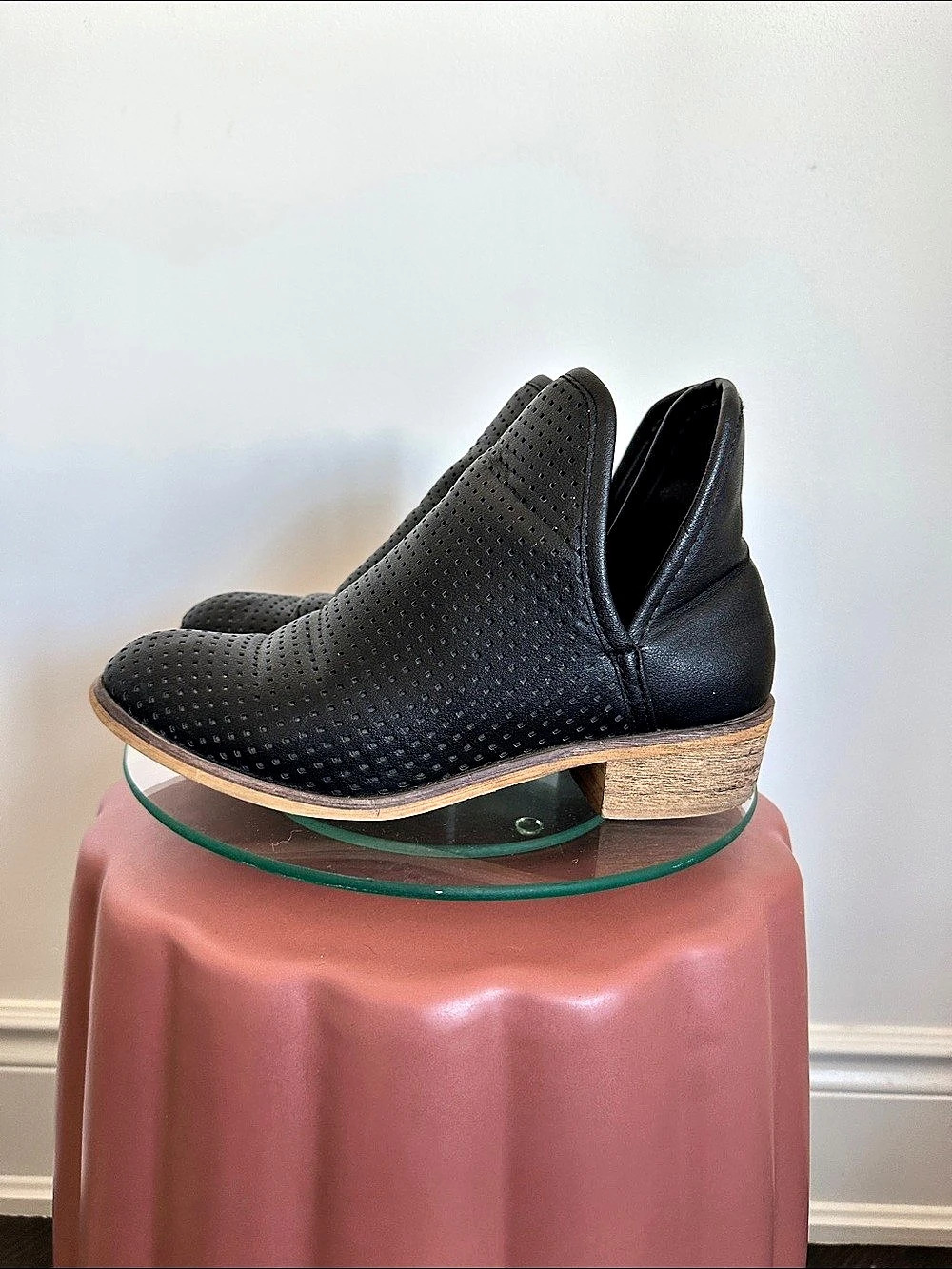 Seven7 - Perforated Black Ankle Boots with wooden heal size 6